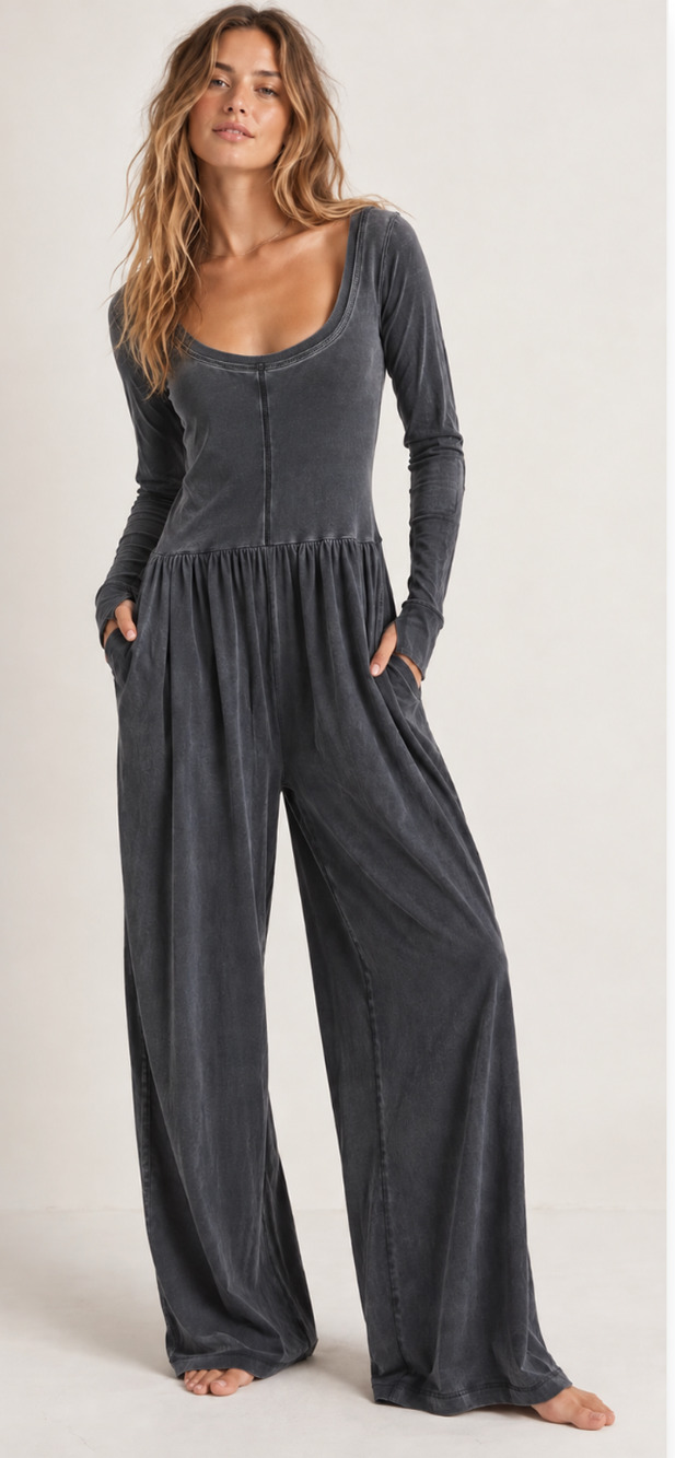 FREE PEOPLE FP MOVEMENT DISTRESSED BLACK HOT SHOT WIDE LEG ONE PIECE JUMPSUIT S